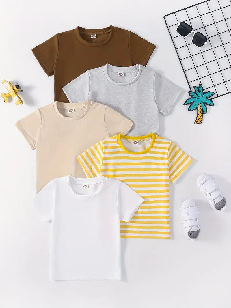 Lot de 5 t-shirts garçon basiques – Hauts unis et rayé coton respirant