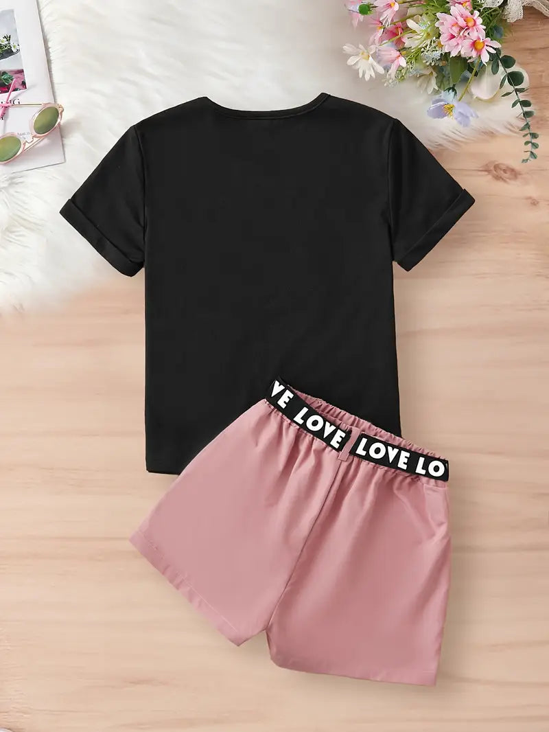 Chemise fille noire à inscription Authentic – t-shirt tendance avec short rose et ceinture Love
