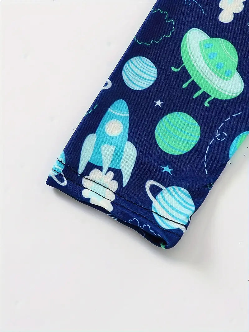 Maillot de bain garçon deux pièces anti-UV à manches longues motif espace fusée et planètes – Protection solaire plage et piscine