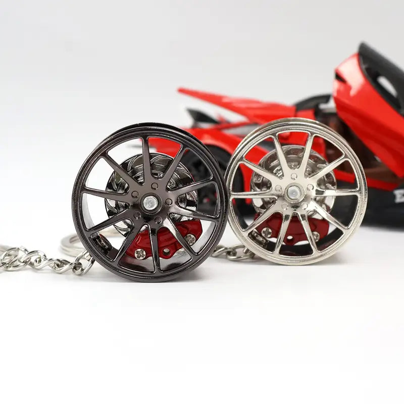 Porte-clés jante voiture avec étrier de frein rouge – Breloque métal sportive homme