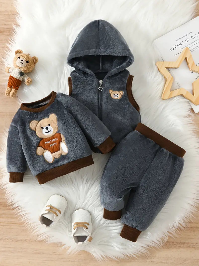 Ensemble Bébé Hiver en Polaire Rose – 3 Pièces Chaudes avec Sweat Ours, Gilet à Capuche et Pantalon