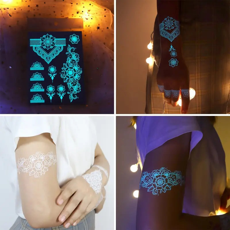 Tatouages Éphémères Fluorescents Mandala & Dentelle – 6 Feuilles Lumineuses pour Corps, Bras ou Épaule