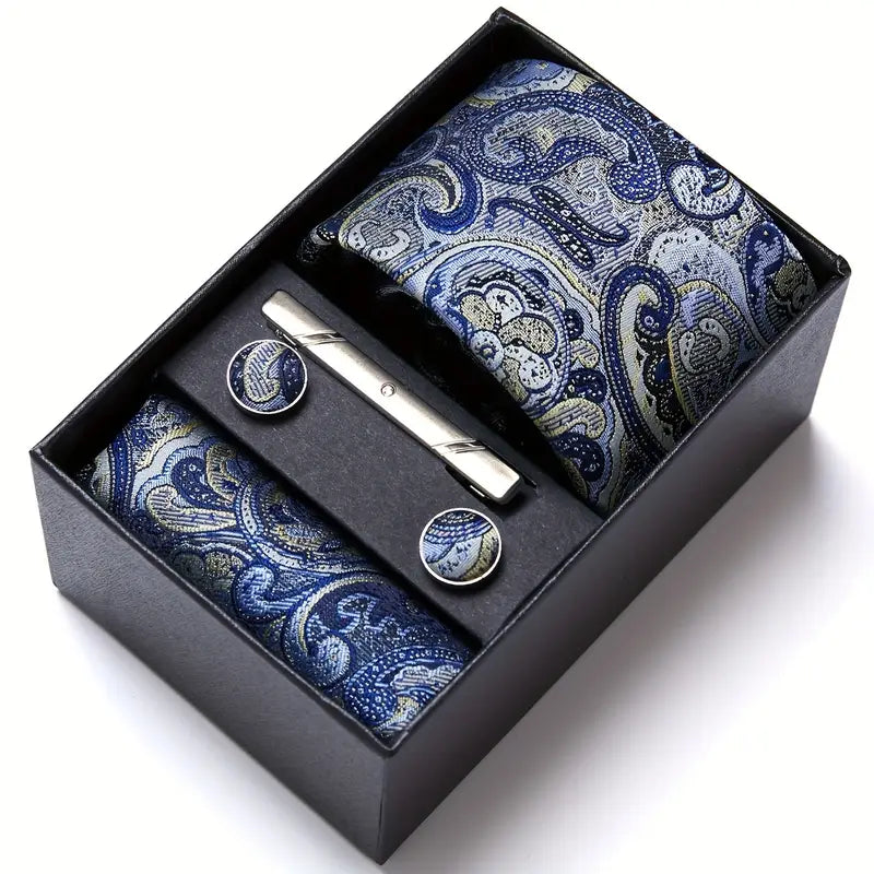 Coffret cravate homme bleu à motifs paisley – Pochette, boutons de manchette et pince assortis