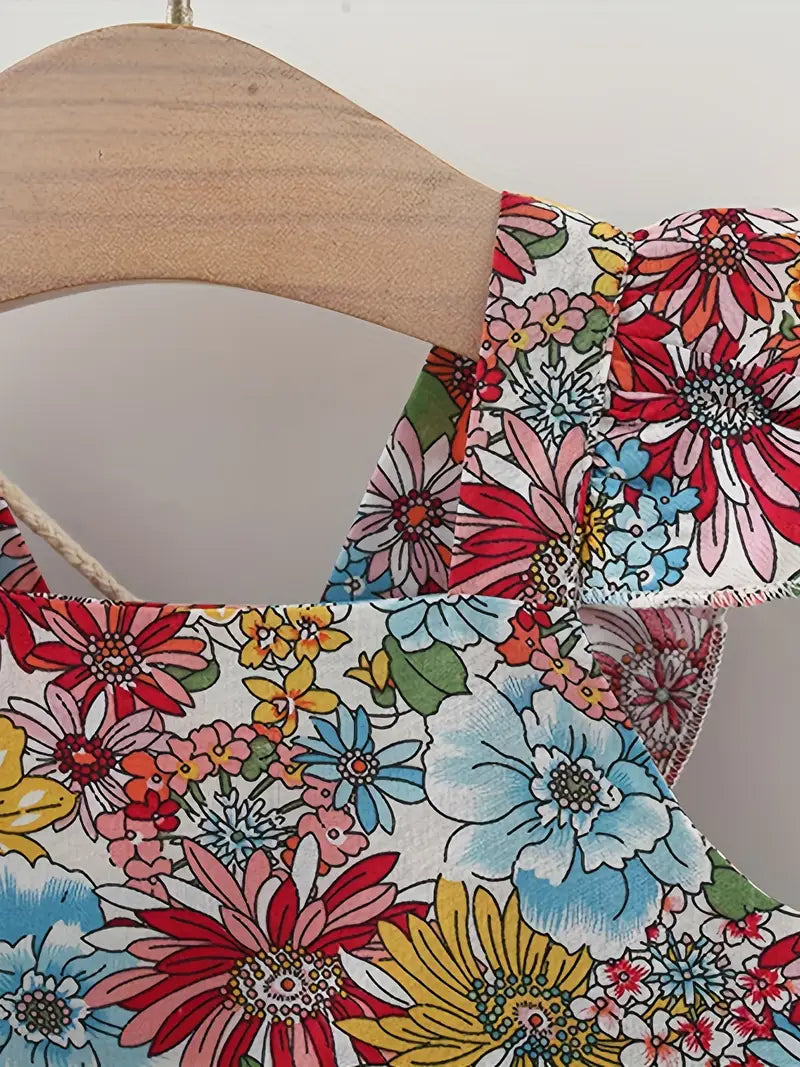 Robe bébé fille fleurie – Cadeau naissance été sans manches avec bretelles croisées