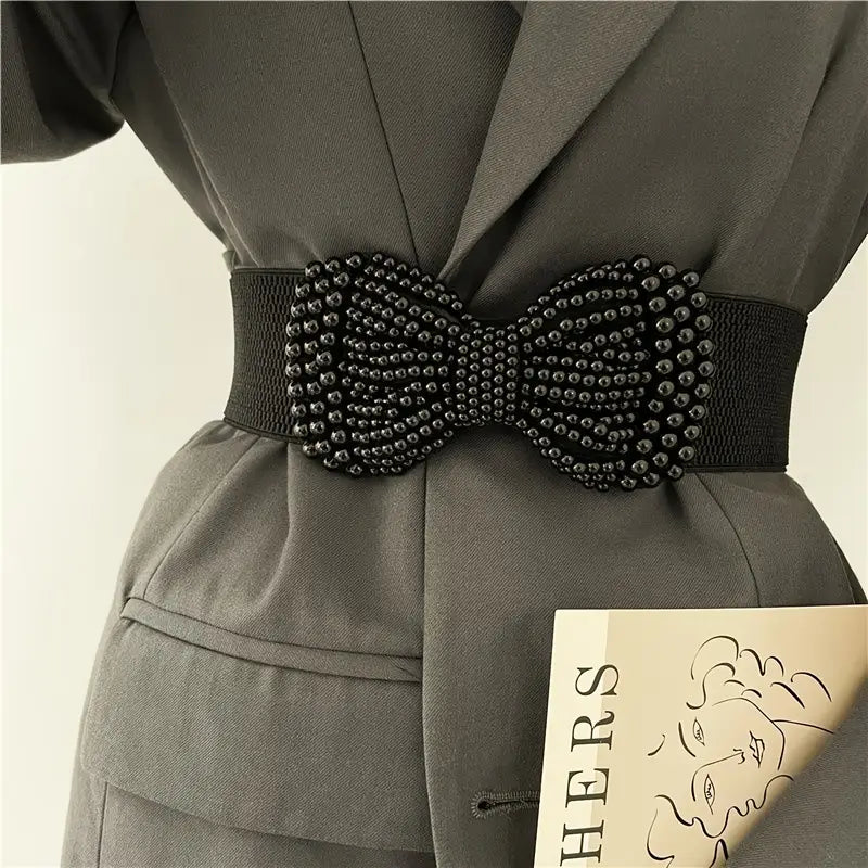 Ceinture Femme Élastique avec Nœud en Perles – Accessoire Chic et Élégant pour Robe et Manteau