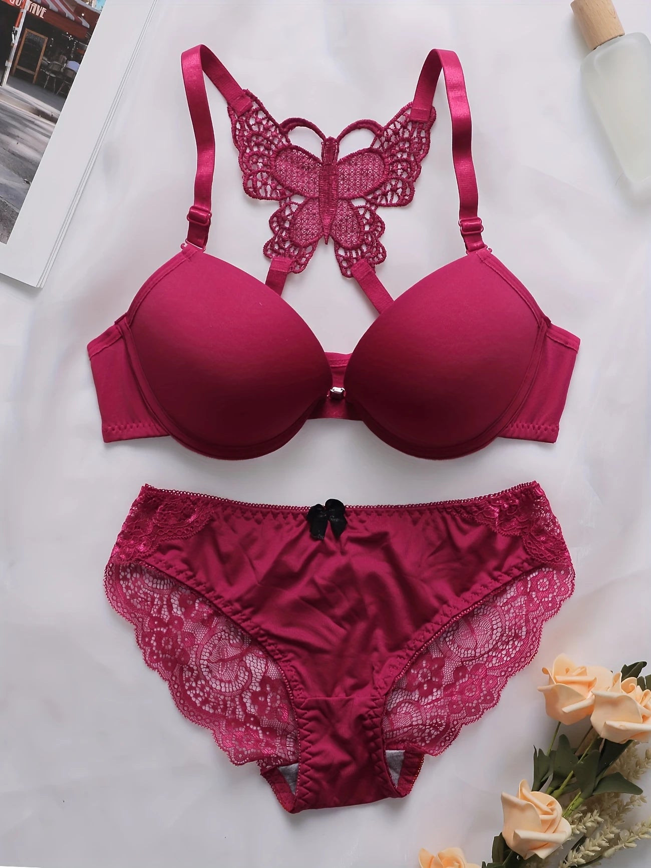 Ensemble lingerie femme push-up – Soutien-gorge à armatures avec culotte nœud chic