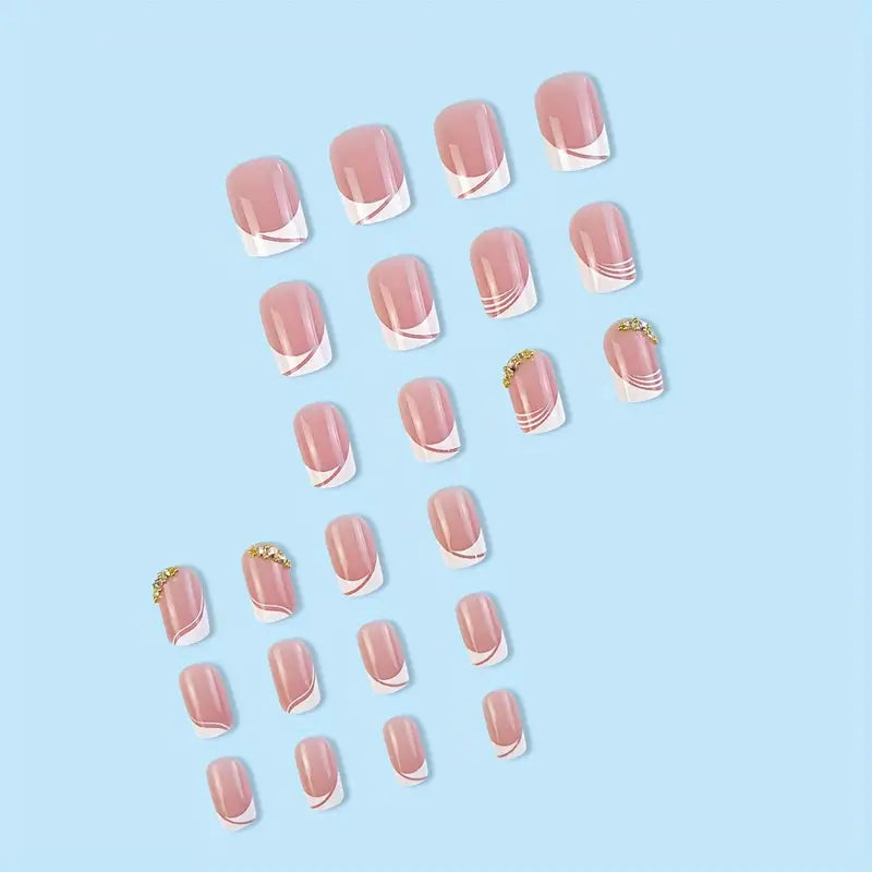 Faux Ongles Rose Nude avec Design Blanc et Strass – Kit 24 Pièces Élégantes Prêtes à Poser