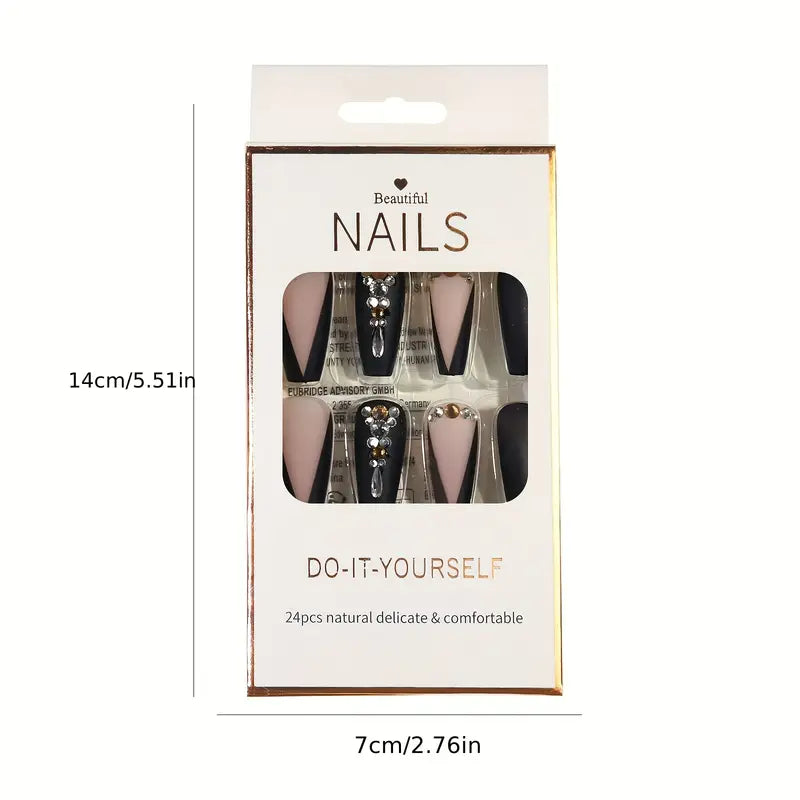 Faux Ongles Noirs et Nude Mat avec Strass – Design Pointu Élégant, Kit de 24 Pièces Prêt à Poser