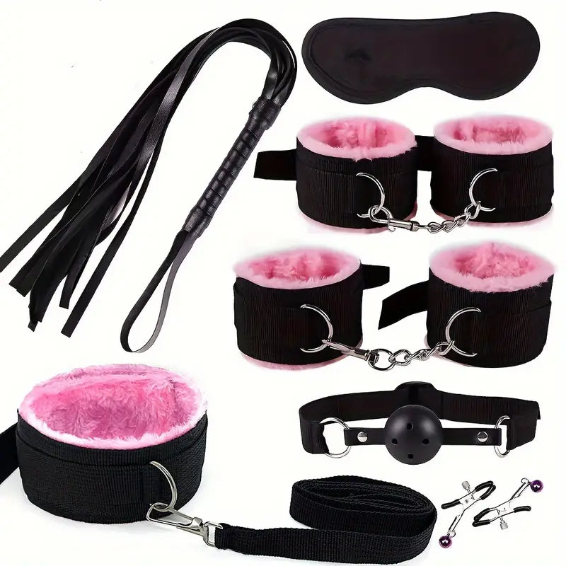 Coffret BDSM 7 Pièces – Kit de Soumission avec Menottes, Fouet, Bâillon et Accessoires Douillets