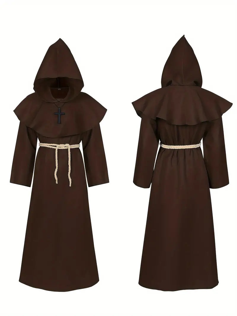 Robe de moine médiévale homme – Costume fantaisie religieux avec capuche et corde
