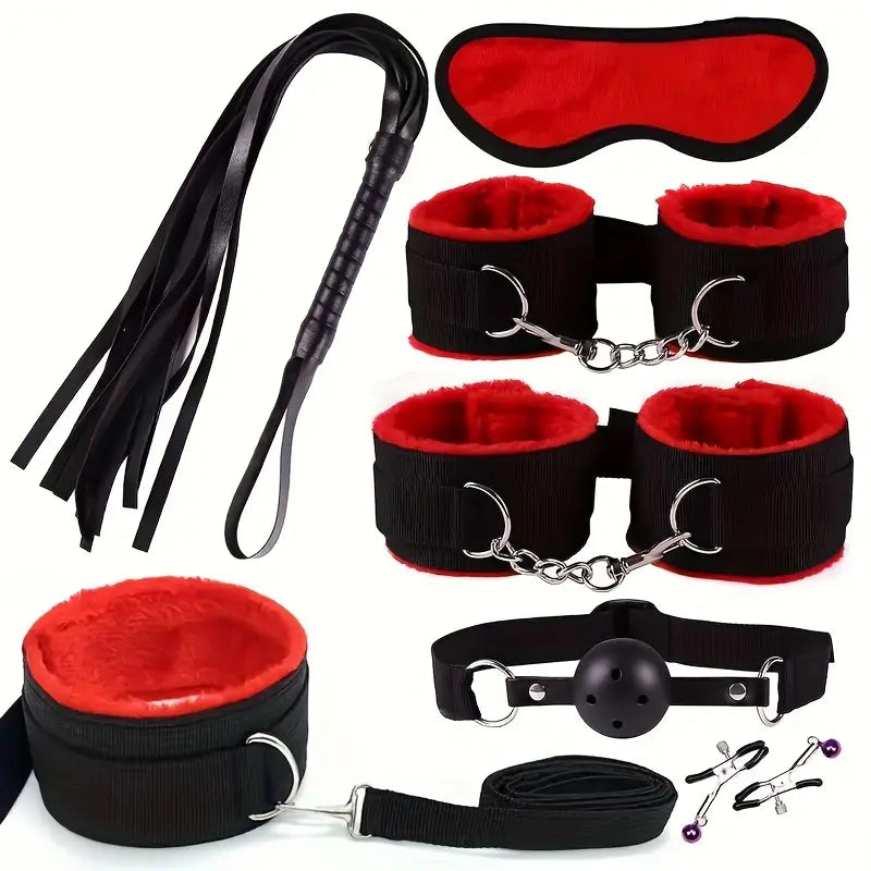 Coffret BDSM 7 Pièces – Kit de Soumission avec Menottes, Fouet, Bâillon et Accessoires Douillets