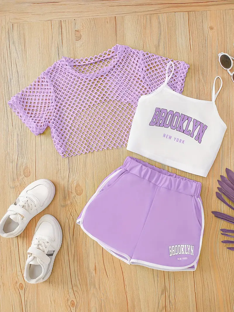 Hauts fille tendance – Ensemble crop top Brooklyn et short vert fluo avec t-shirt résille