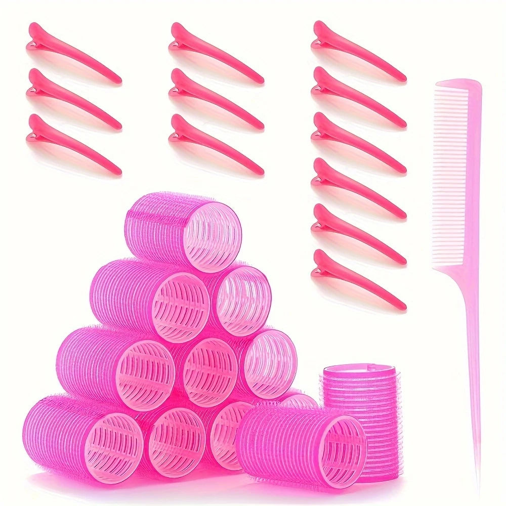 Kit Bigoudis Auto-Agrippants – 12 Rouleaux Volume + 12 Pinces + Peigne à Queue