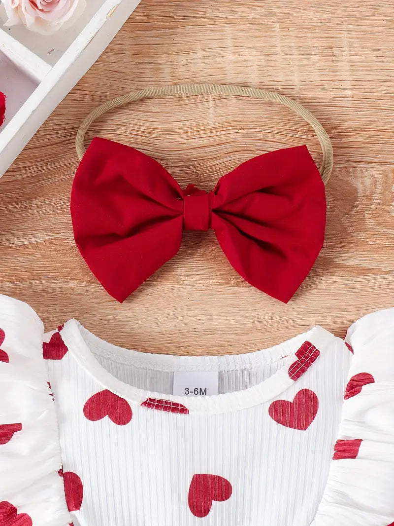 Robe Bébé Fille Blanche à Cœurs Rouges avec Grand Nœud – Tenue Mignonne et Élégante