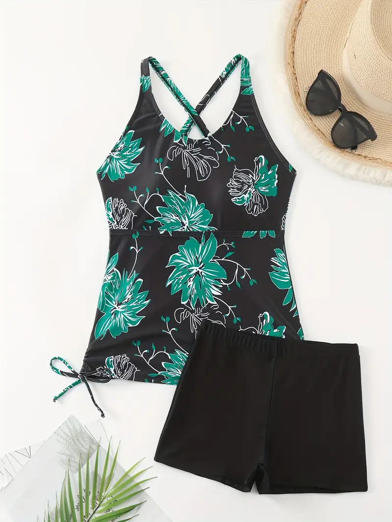 Tankini shorty noir à fleurs – Ensemble deux pièces sport chic