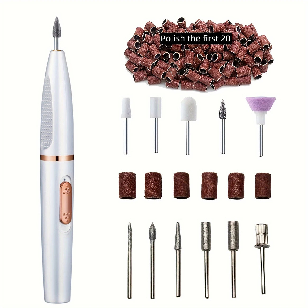 Kit de Ponceuse Électrique Ongles – Lime Manucure & Pédicure avec 6 Embouts + 20 Bandes de Ponçage