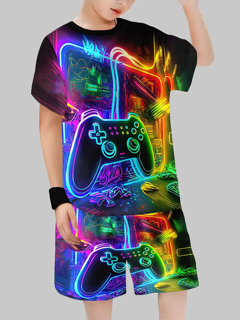 Ensemble Garçon T-shirt et Short Gaming Néon – Tenue Streetwear avec Motif Manette de Jeu