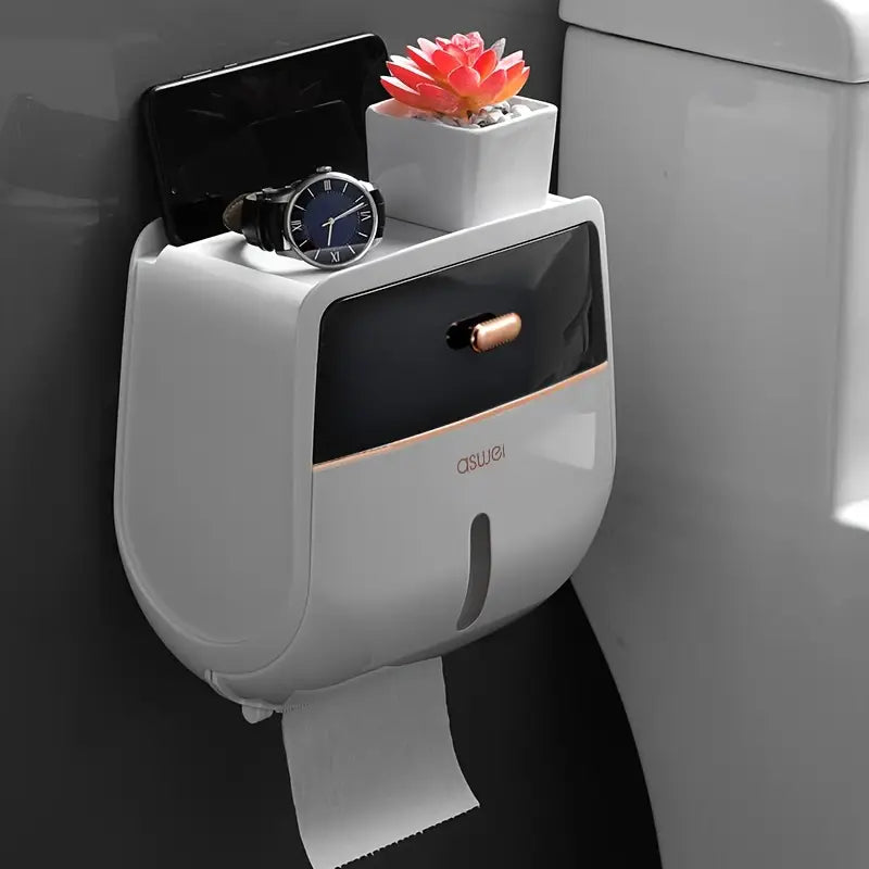 Distributeur de Papier Toilette Mural Étanche avec Rangement – Boîte Design avec Support Téléphone