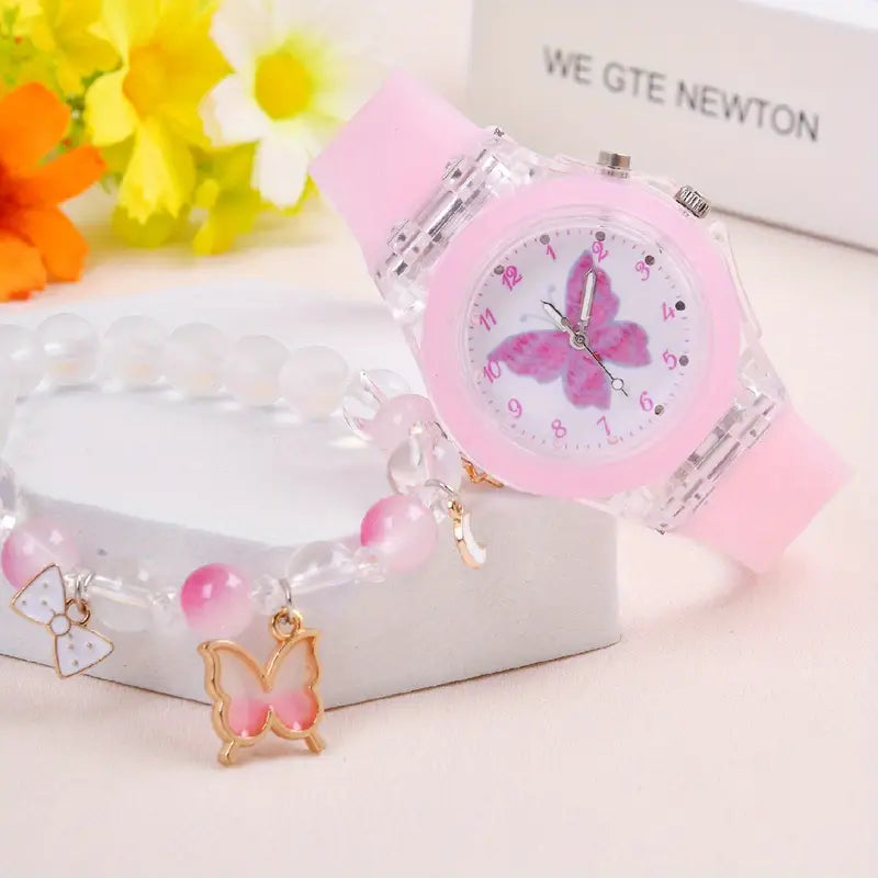 Montre Enfant Fille Rose Papillon avec Bracelet Fantaisie – Apprentissage de l’Heure et Accessoire Élégant