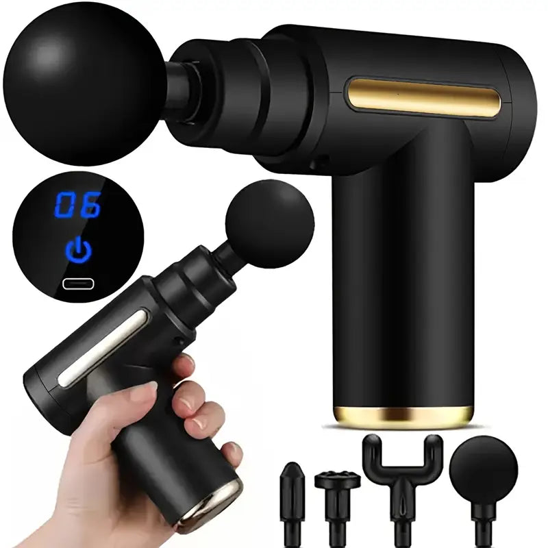 Pistolet de Massage Musculaire Électrique – 6 Vitesses, 4 Têtes, Écran LCD, Relaxation Profonde & Récupération Sportive