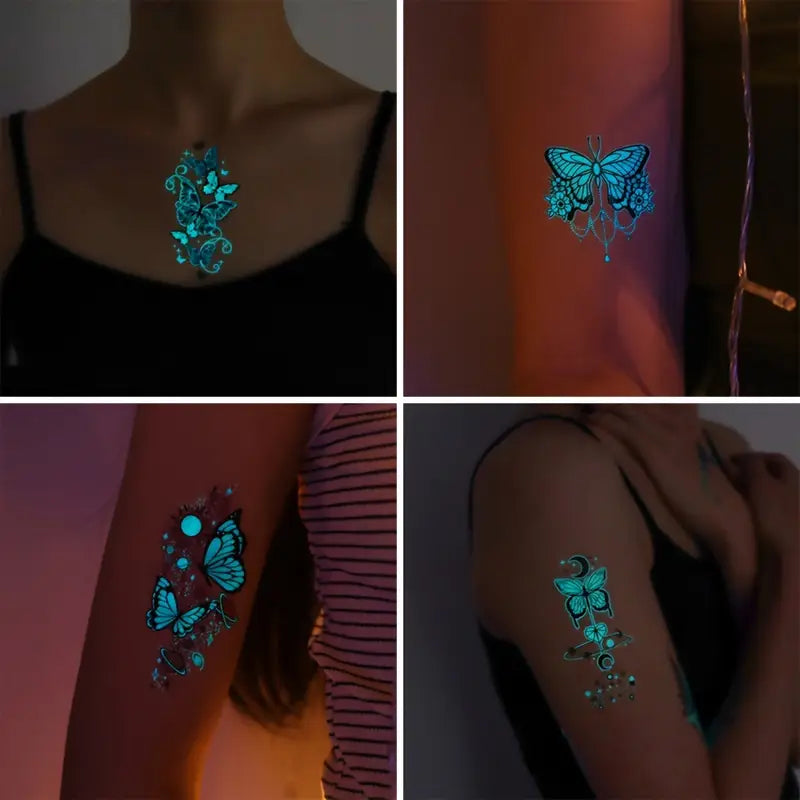 Tatouages Éphémères Papillons Jour & Nuit – 12 Feuilles Fluorescentes et Colorées pour Peau, Bras et Dos