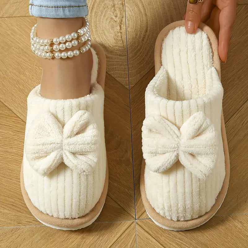 Chaussons Femme Hiver en Velours Côtelé avec Nœud – Pantoufles Douces et Chaudes Antidérapantes