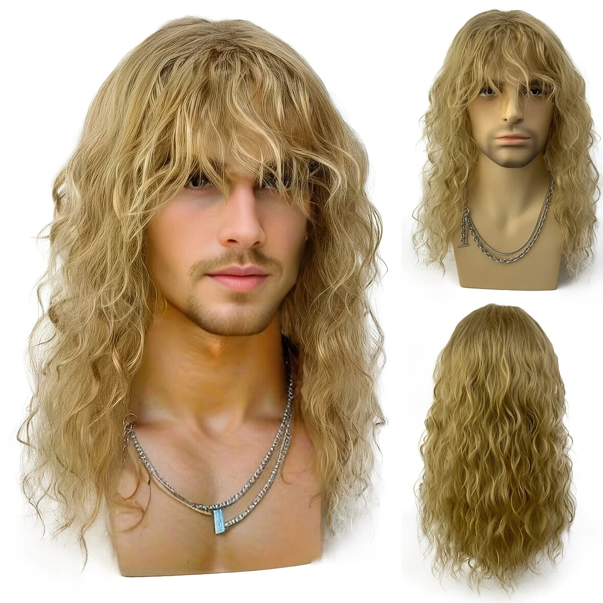 Perruque Homme Longue Ondulée avec Frange – Cheveux Synthétiques Naturels pour Déguisement ou Look Rock