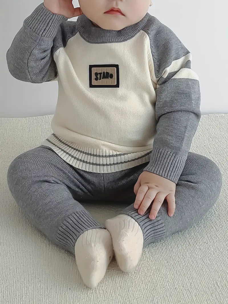 Ensemble Bébé Garçon Hiver en Tricot – Tenue Chaude 2 Pièces Pull et Pantalon Gris
