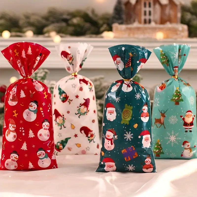 Sachets Cadeaux de Noël – Pochettes Festives avec Motifs Père Noël et Lutins pour Emballage Cadeaux