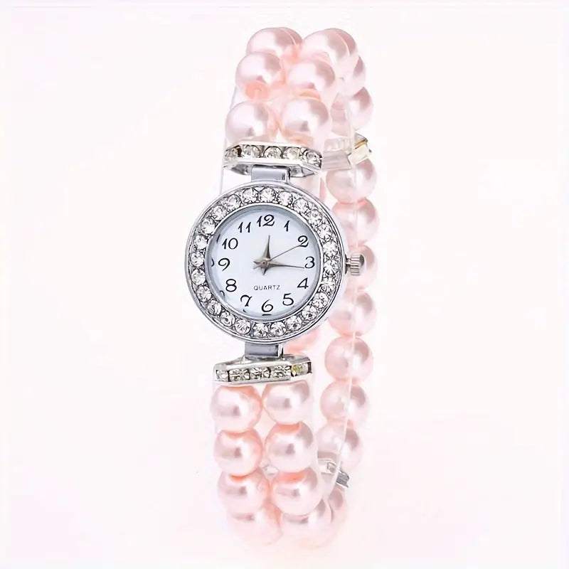 Montre femme élégante à bracelet perles rouges – Quartz avec strass brillants