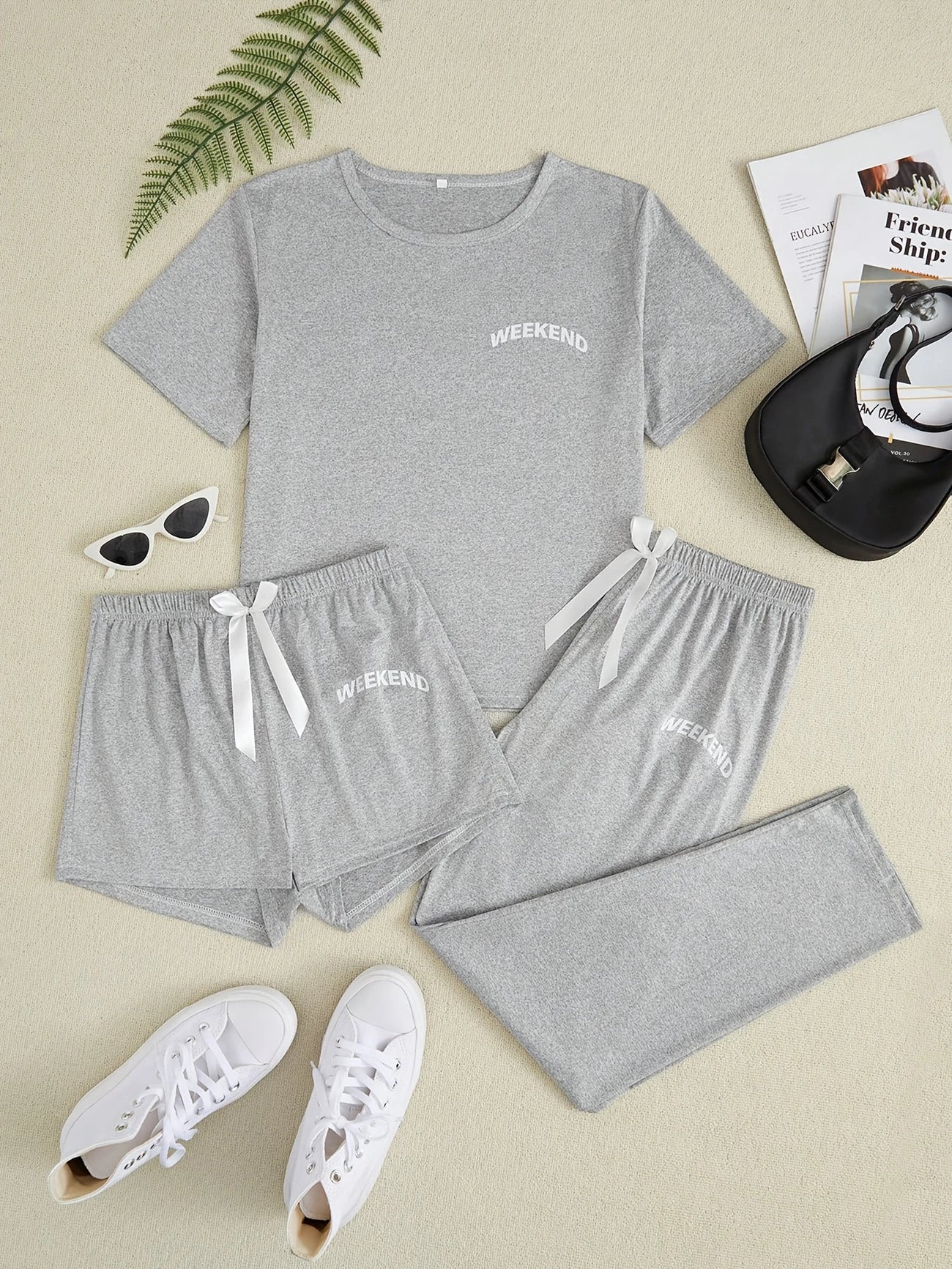Pyjama Femme 3 Pièces Noir – T-Shirt, Short & Pantalon Long, Ensemble Polyvalent et Confortable pour la Nuit