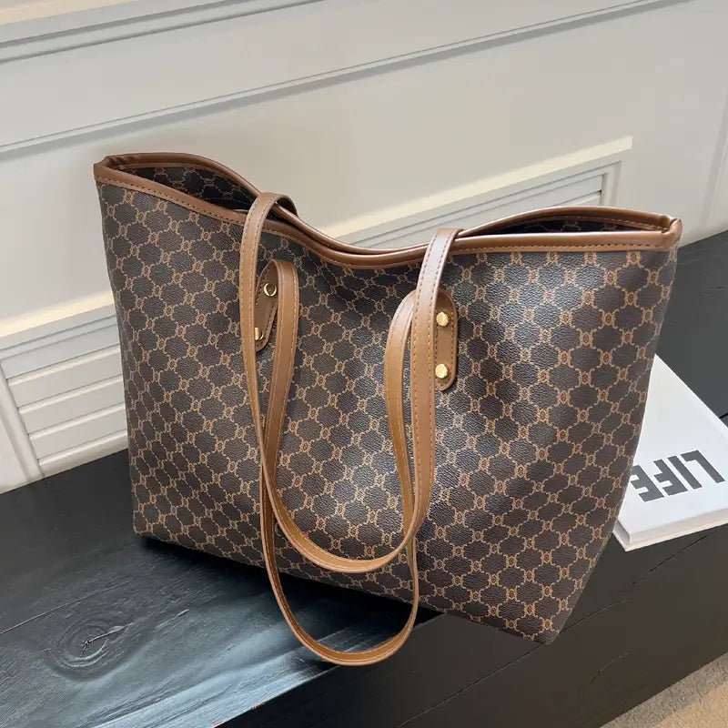 Sac Cabas Femme Grand Format en Toile Motif Géométrique avec Anses Marron – Élégant et Pratique