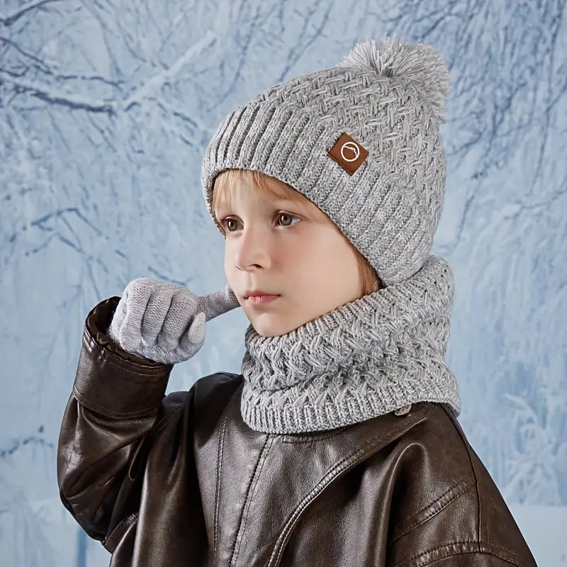 Ensemble Bonnet, Écharpe et Gants Enfant – Hiver Chaud Tricot avec Pompon