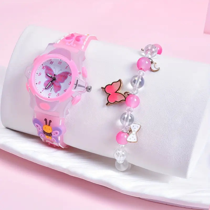 Montre Enfant Fille Rose Papillon avec Bracelet Fantaisie – Apprentissage de l’Heure et Accessoire Élégant