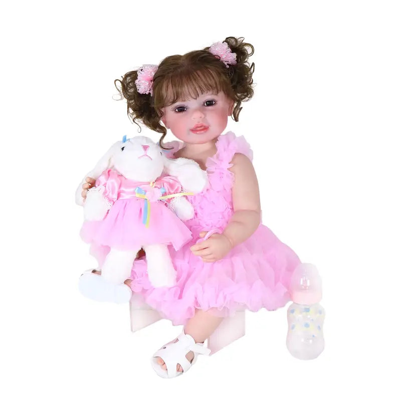 Grande poupée réaliste fille en robe rose avec doudou lapin et biberon – Jouet interactif pour enfants
