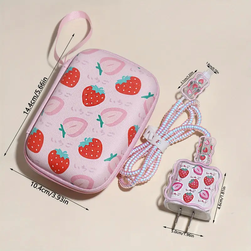 Chargeur Rapide avec Étui de Rangement Motif Fraise – Câble USB Résistant et Design Kawaii