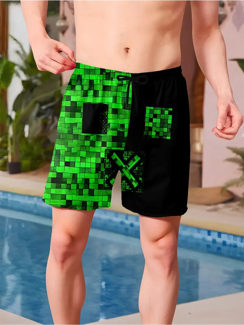 Maillot de bain garçon short plage vert et noir style pixel – Confort léger et séchage rapide