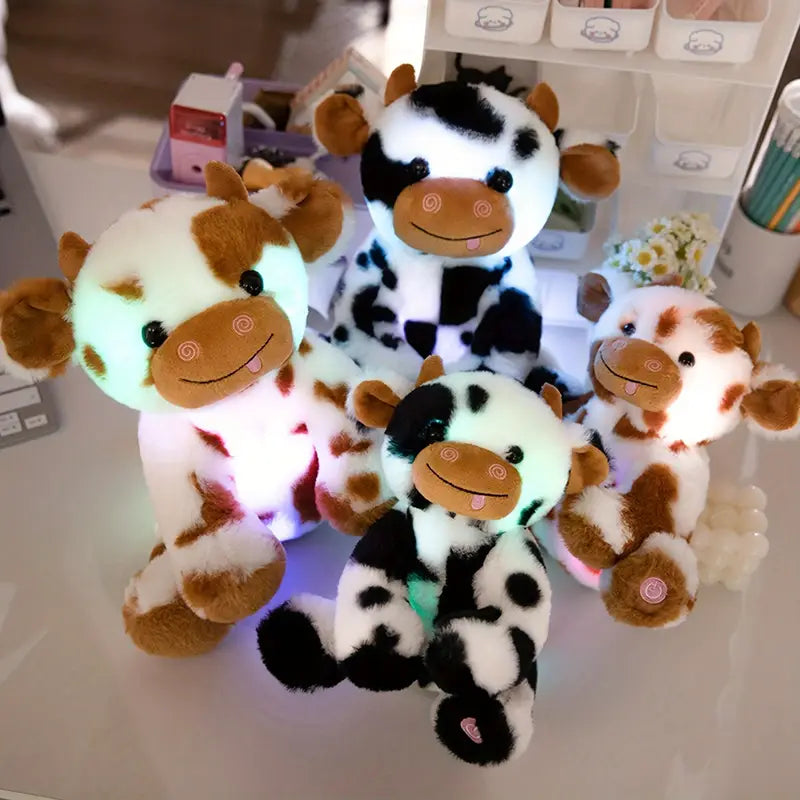 Peluche vache lumineuse noir/marron et blanc – Doudou LED doux et rigolo pour enfants