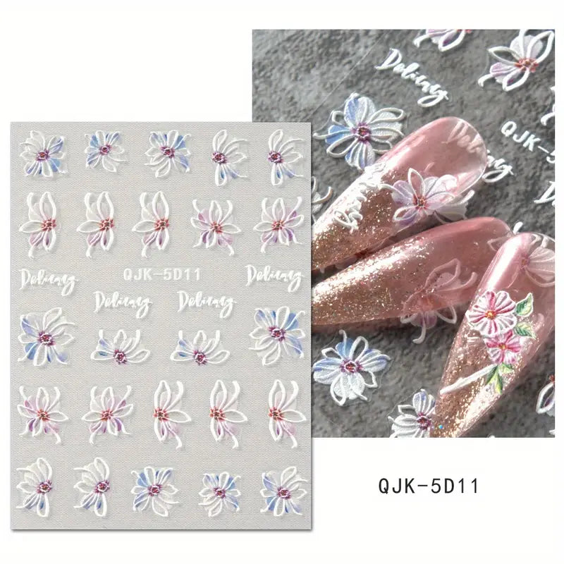 Stickers Nail Art Fleurs 3D – Décorations Ongles Autocollantes pour Manucure Florale Élégante