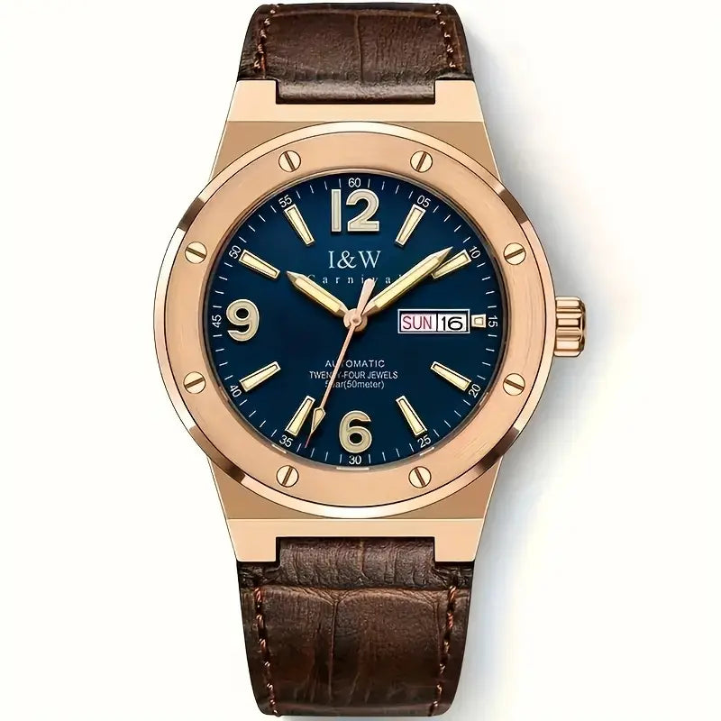 Montre homme automatique élégante – Cadran bleu avec affichage date et bracelet cuir