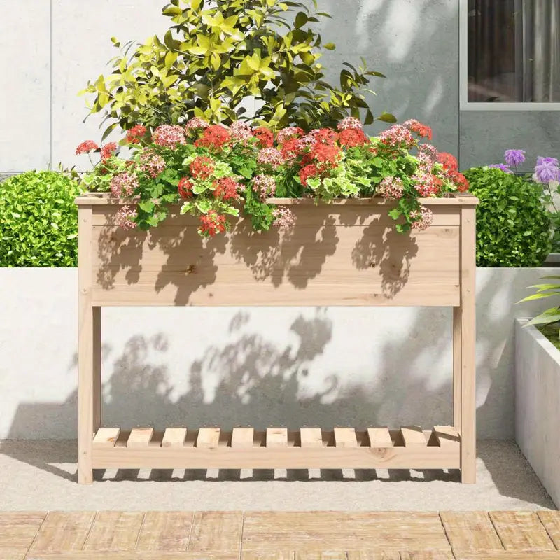Jardinière Surélevée en Bois Naturel Bac à Fleurs Extérieur avec Étagère de Rangement