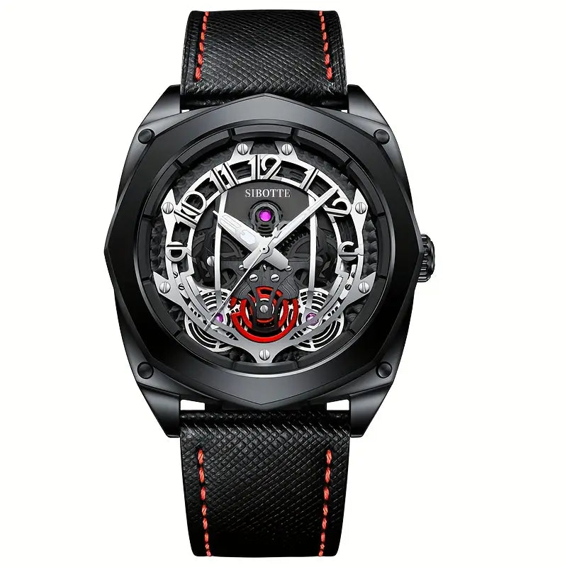 Montre homme automatique squelette – Design mécanique noir et or rose avec bracelet cuir
