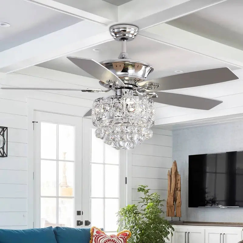 Ventilateur de plafond avec lustre cristal – 5 pales réversibles et éclairage LED élégant