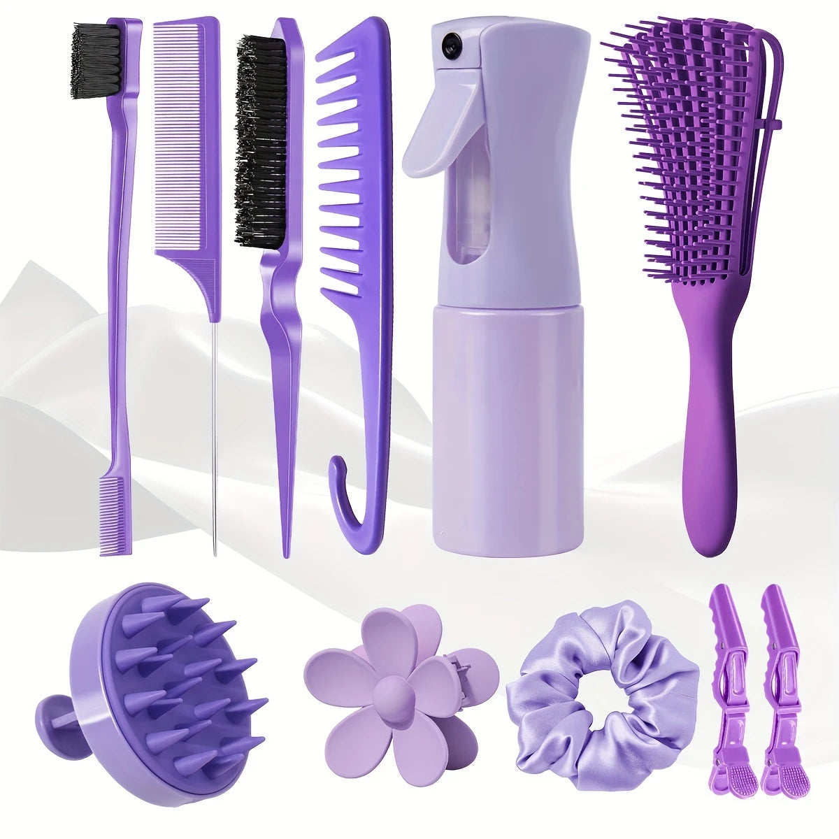 Kit Accessoires Cheveux 11-en-1 – Brosses, Peignes, Vaporisateur, Clips & Massage Cuir Chevelu