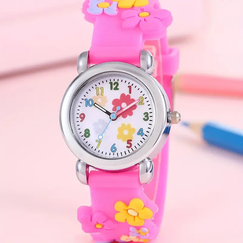 Montre Enfant Fille Rose avec Motifs Fleurs – Bijou Ludique et Coloré pour Apprendre l’Heure