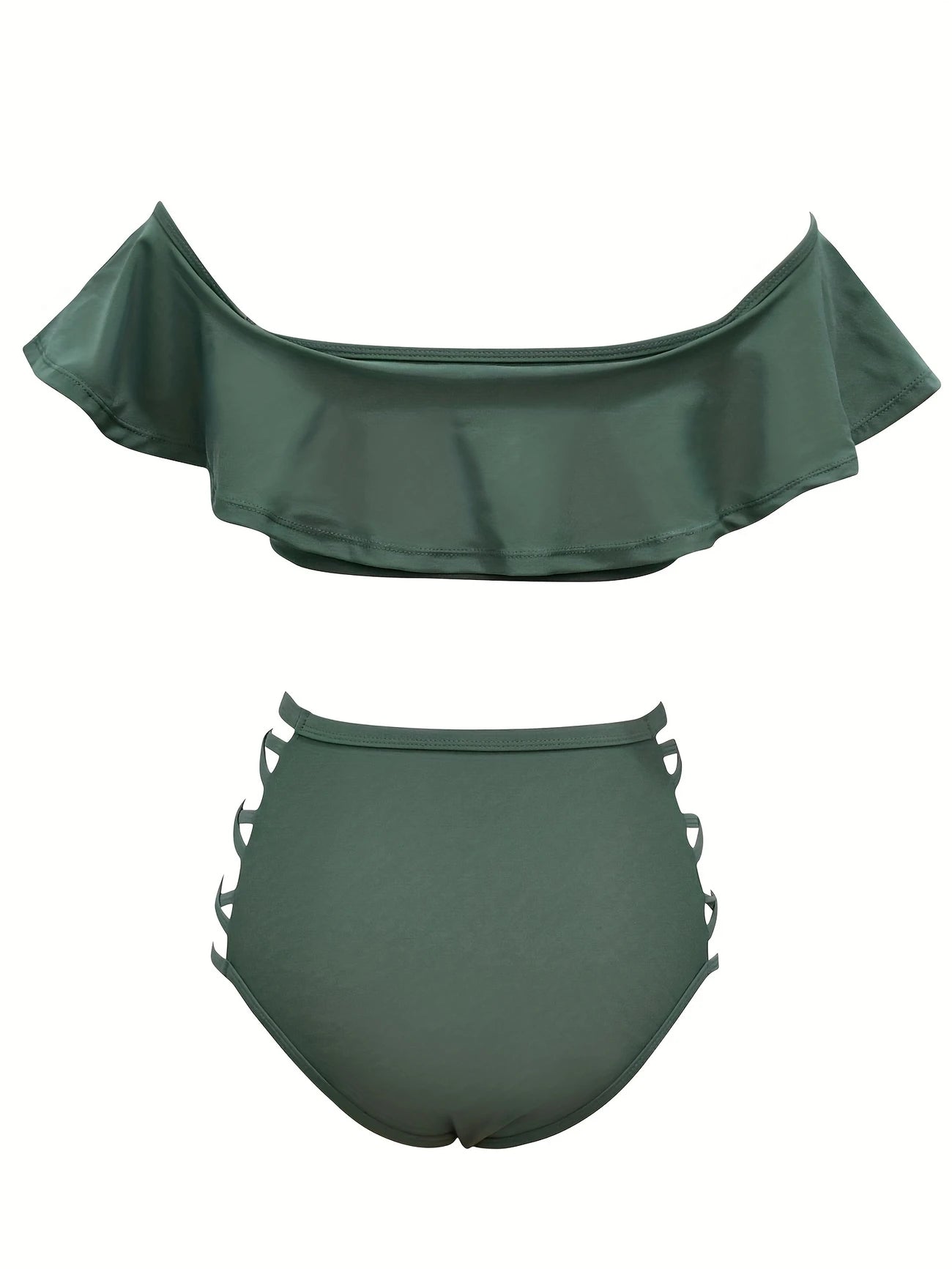 Ensemble Maillot de Bain Femme à Volants – Haut Épaules Dénudées & Culotte Taille Haute à Lanières