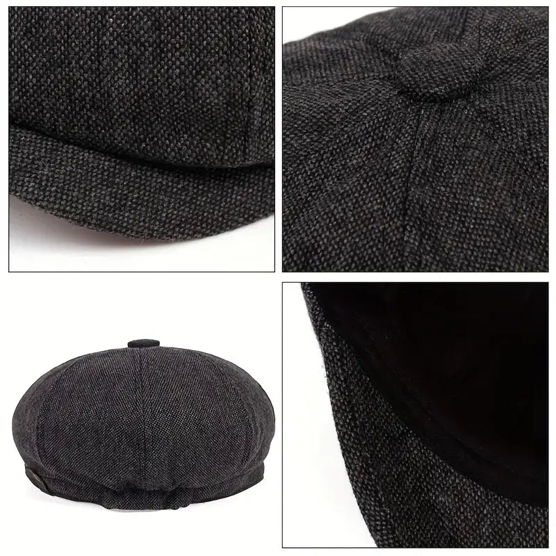 Casquette gavroche homme rétro – Chapeau plat en tweed à chevrons gris pour look vintage élégant