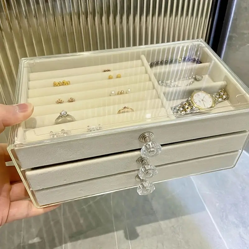 Boîte à bijoux en verre et velours à 3 tiroirs – Organisateur élégant pour bagues, colliers, boucles d’oreilles et bracelets