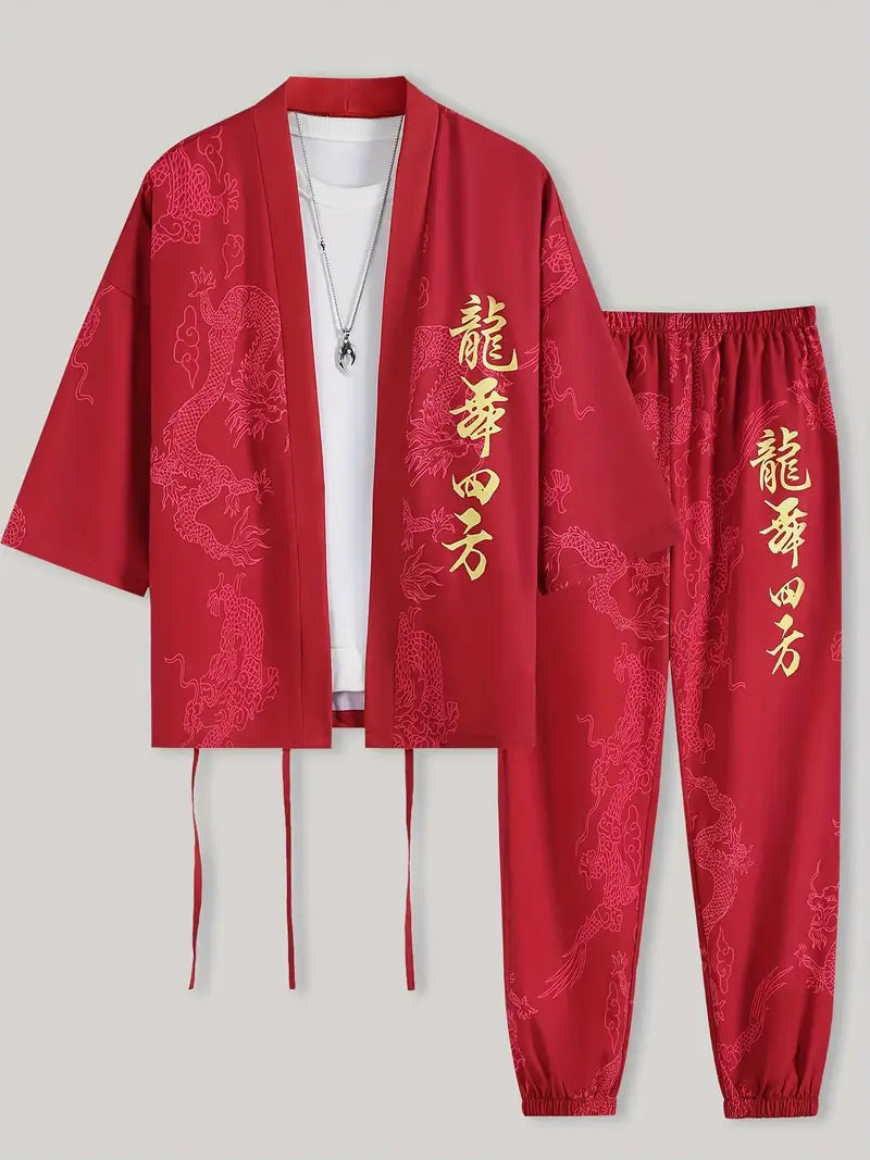 Tenue fantaisie homme kimono – Ensemble traditionnel asiatique avec motifs dragon dorés