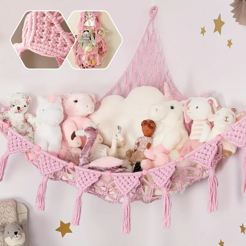 Filet de rangement mural en macramé – Décoration chambre bébé bohème pour peluches et jouets